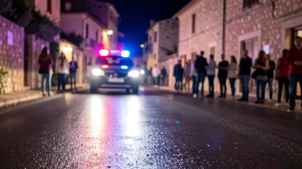 Imagen genérica de luces de emergencia reflejándose en asfalto mojado de noche.