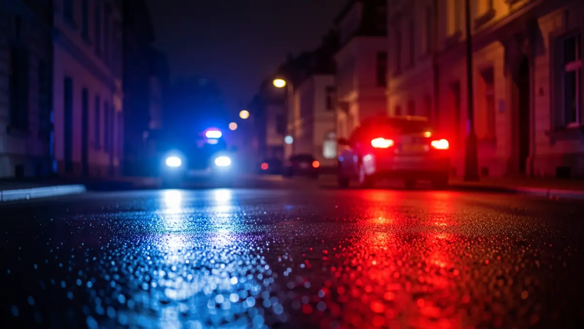 Generic image of police emergency lights reflecting on asphalt at night.