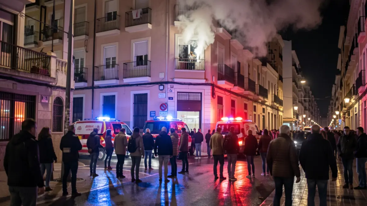 Imagen genérica de un incendio en un edificio residencial de Valencia con luces de emergencia.