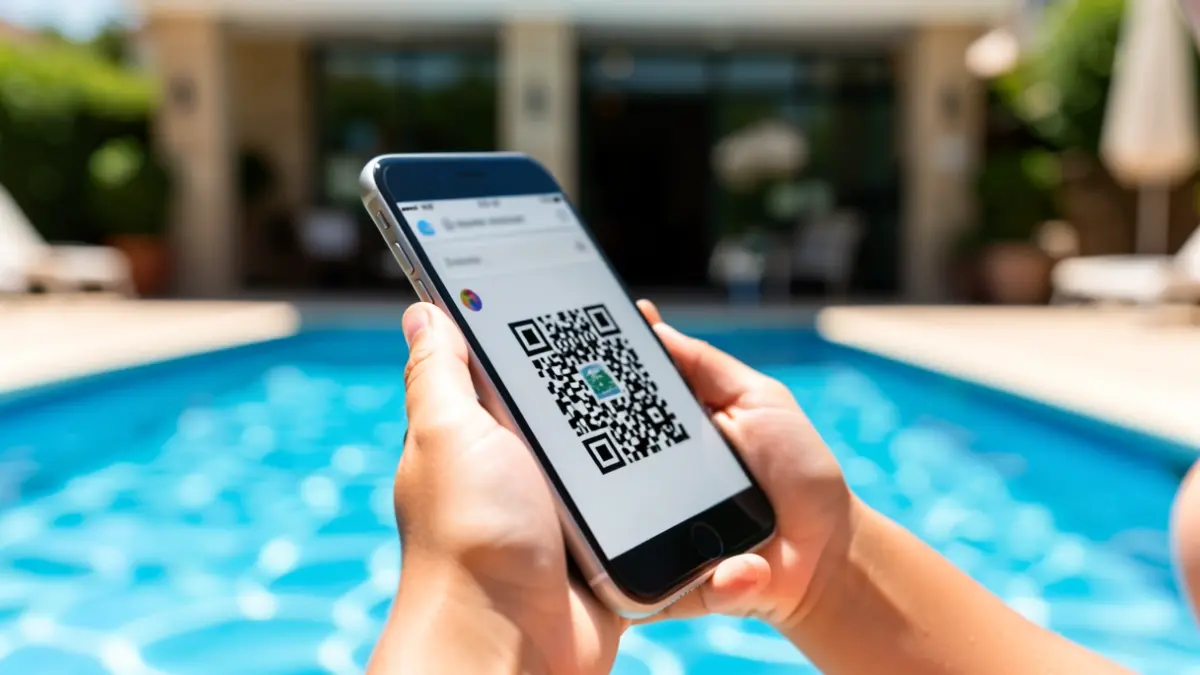 Imagen genérica de un código QR en un teléfono móvil delante de una piscina.