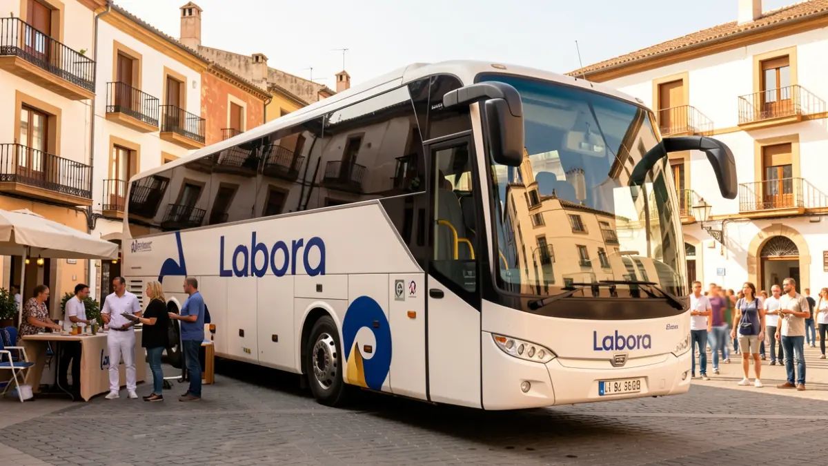 Imagen genérica de un autobús de Labora en una plaza de pueblo valenciano.