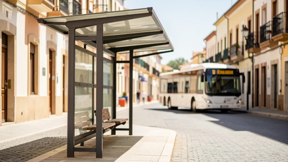 Generic image of a bus stop on a sunny day in the Valencian Community, with a blurred bus in the background.
