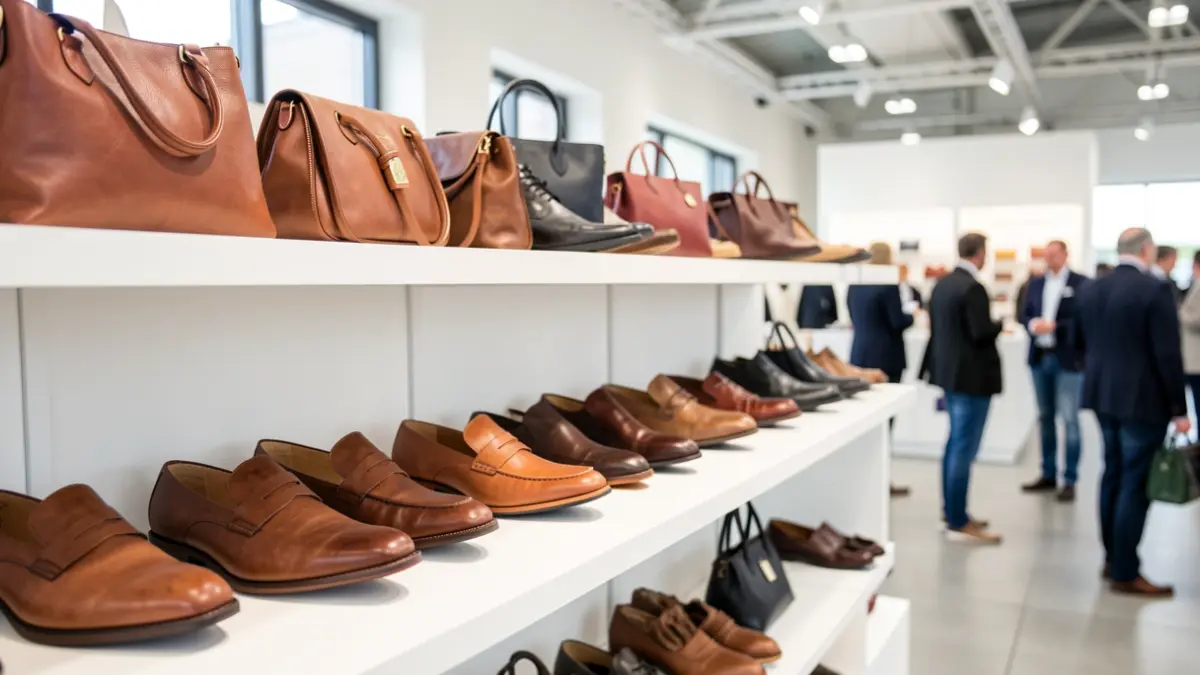 Generic image of shoes and handbags displayed at an international trade fair.