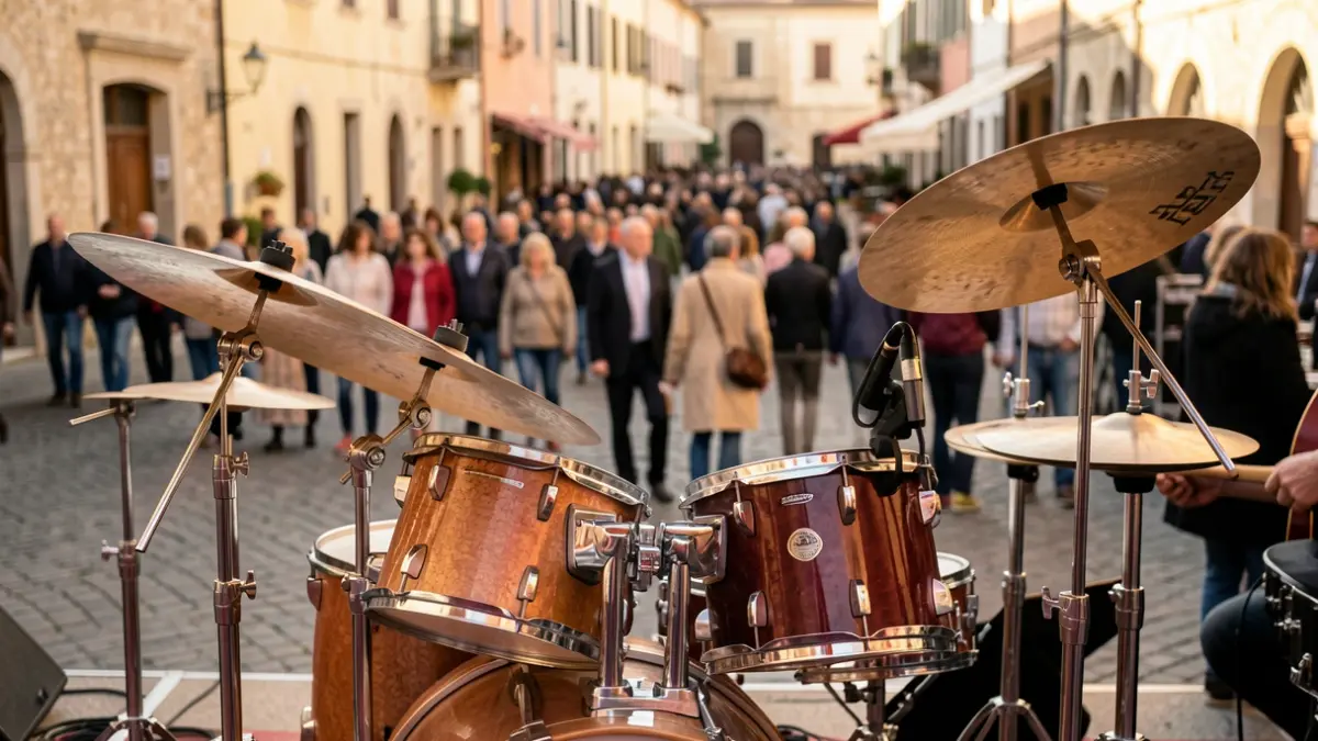 Imatge d'una bateria en un escenari a l'aire lliure durant un esdeveniment cultural a Calp.