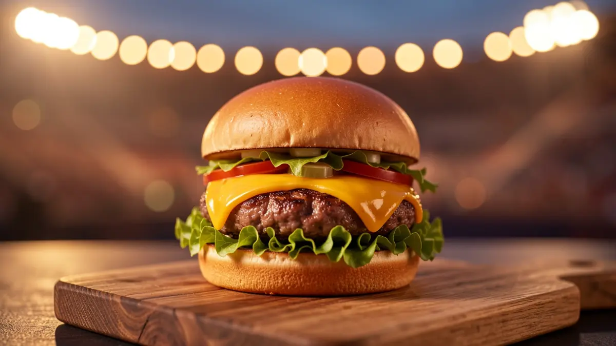 Imagen genérica de una hamburguesa gourmet con luces de estadio desenfocadas al fondo.