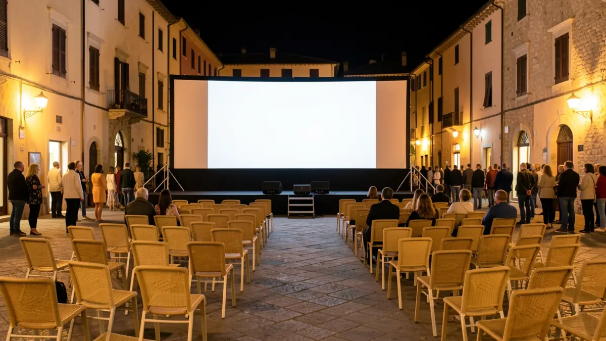 Outdoor cinema setup in a square with empty chairs and warm lighting.