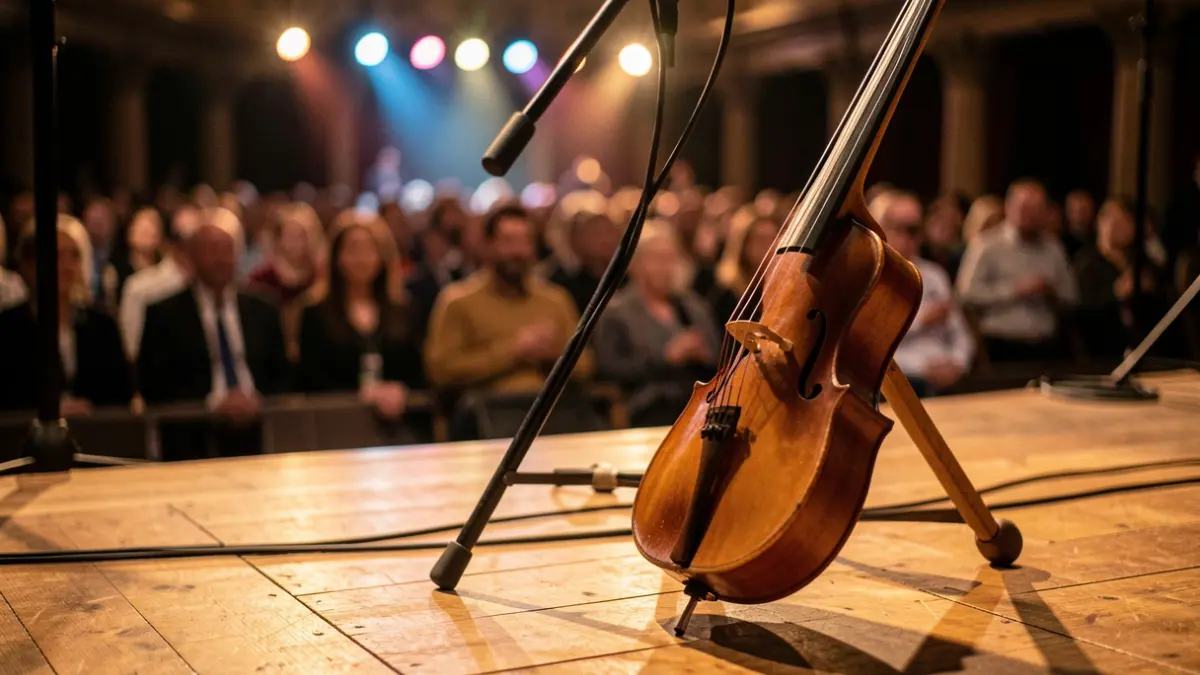 Imagen genérica de un escenario musical con iluminación cálida.