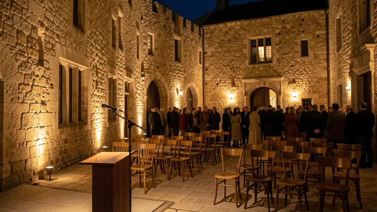Escenario del ciclo Íntims al Castell en un entorno histórico iluminado.