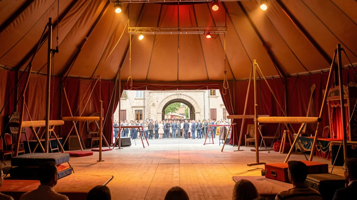 Imagen genérica de un interior de carpa de circo con elementos de teatro y luces cálidas.