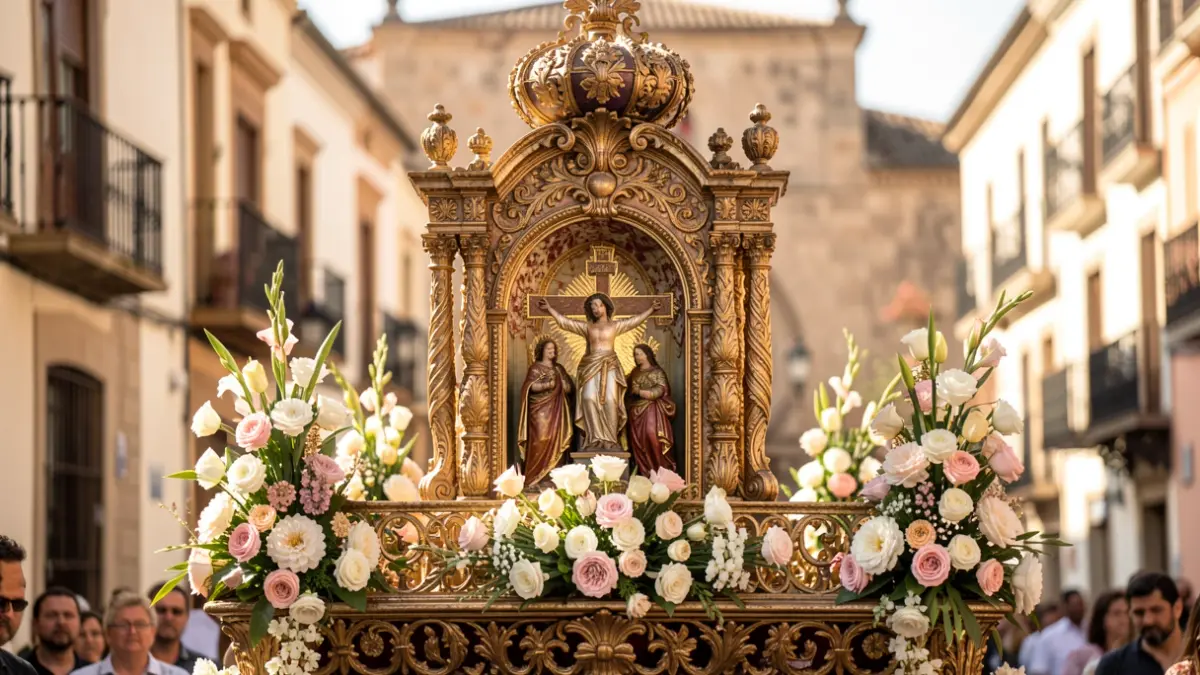 Imatge genèrica d'una processó del Corpus de València amb elements religiosos i arquitectura mediterrània.