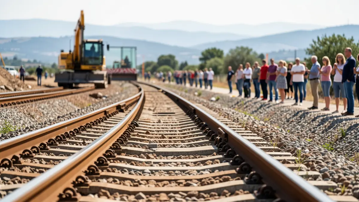 Generic image of railway tracks changing gauge with Mediterranean landscape in the background.