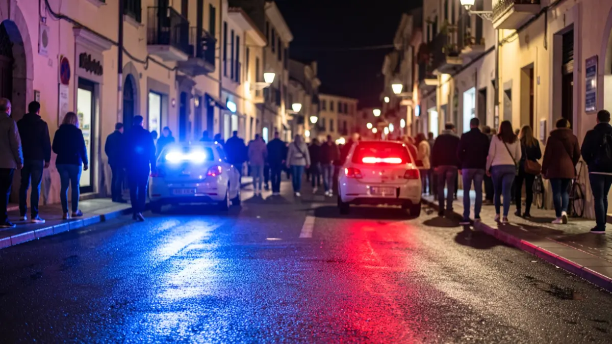 Generic image of police emergency lights reflecting on asphalt at night.