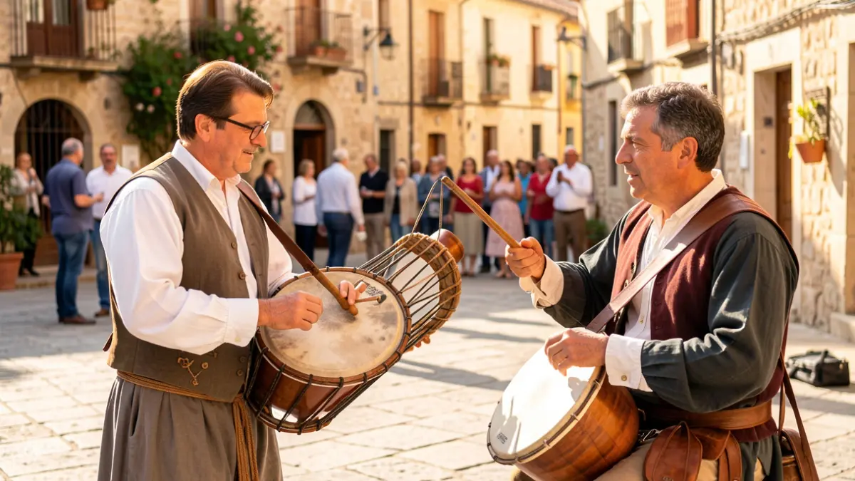 Imatge genèrica d'una dolçaina i un tabal tocant en una plaça de poble valencià.