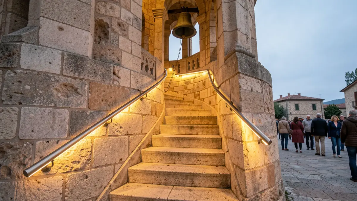 Generic image of the interior staircase of a historic monument with an illuminated handrail.