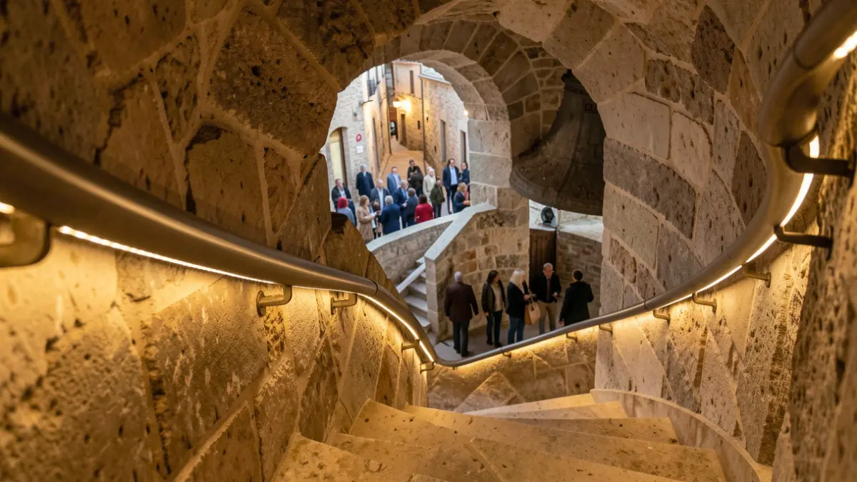 Imagen genérica de una escalera de caracol interior con un nuevo pasamanos iluminado.