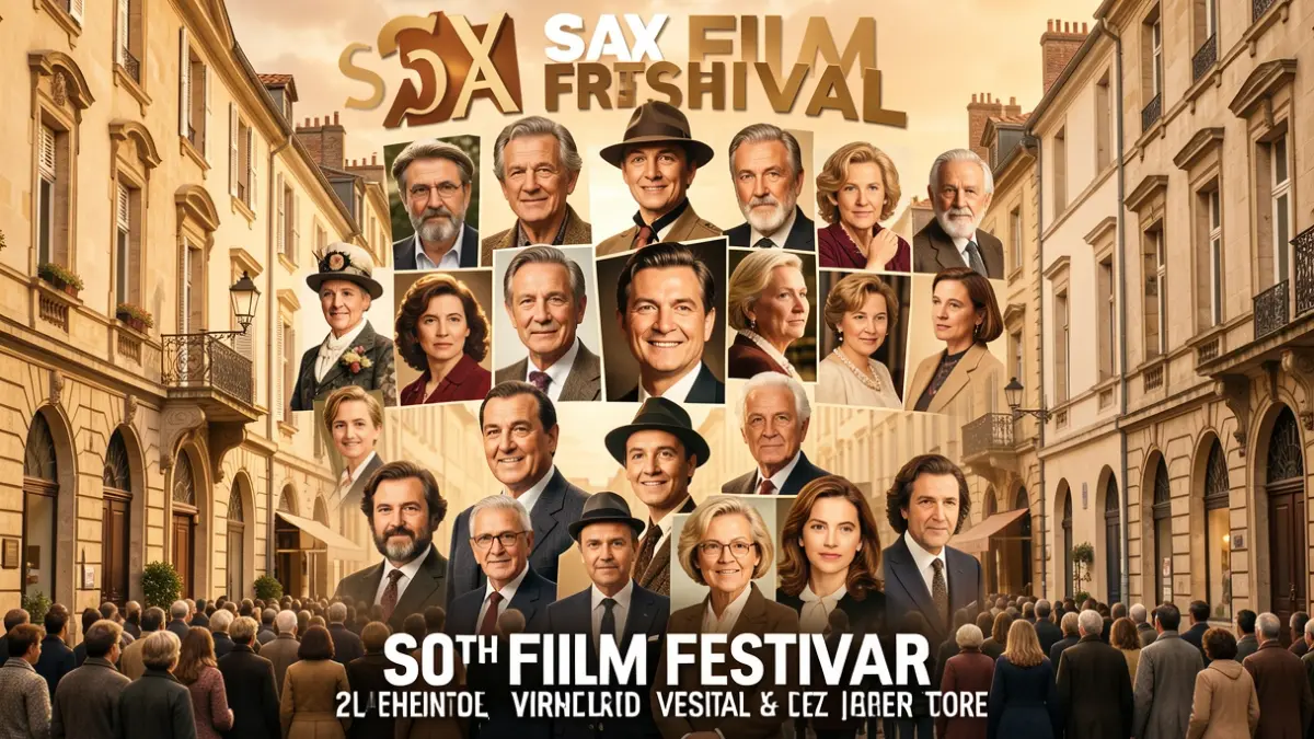 Commemorative poster for the 20th anniversary of the Sax Film Festival featuring film personalities and local architecture.