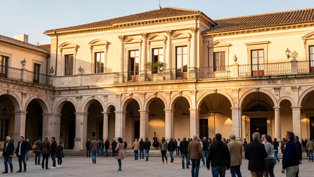 Generic image of the Escoles Pies cloister in Gandia with a guitar silhouette.