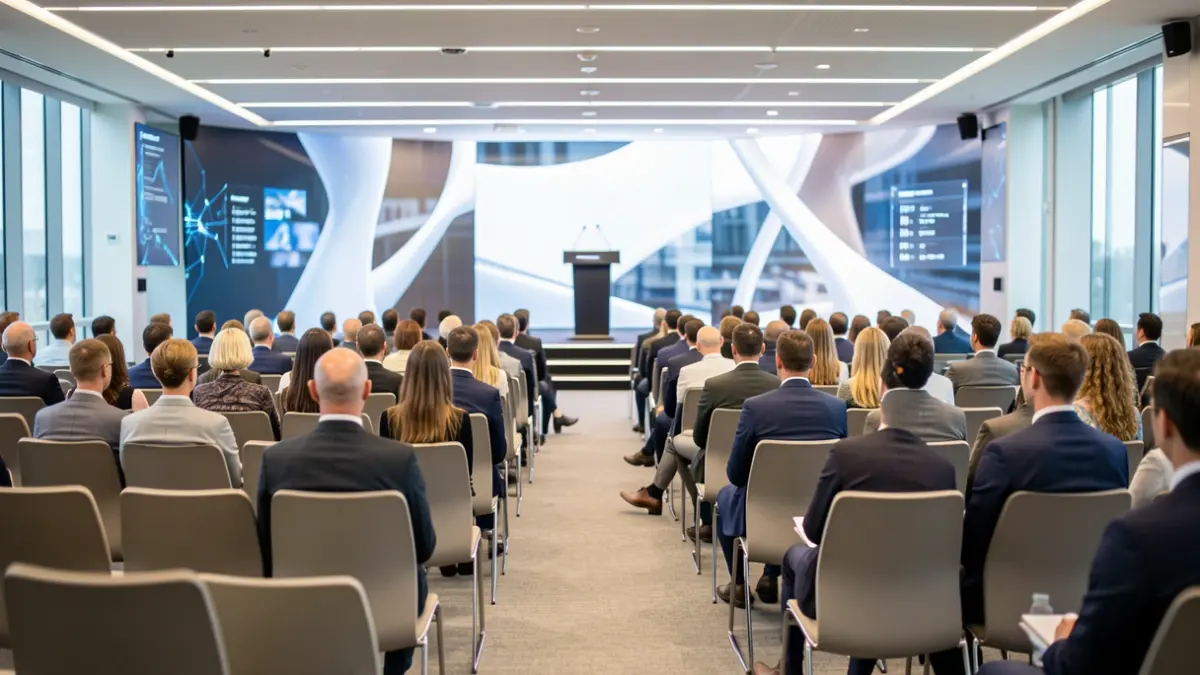 Generic image of a modern auditorium with microphones and empty chairs, simulating a technology event.