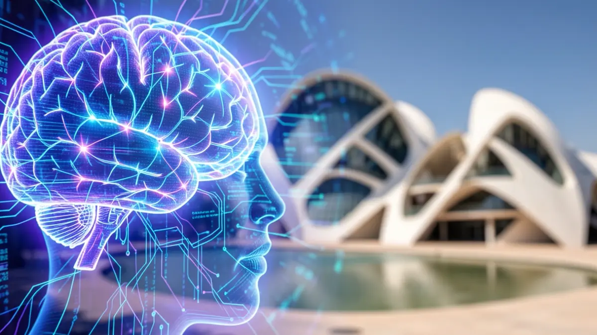 Imagen genérica de tecnología con patrones de red neuronal y la Ciudad de las Artes y las Ciencias de Valencia al fondo.
