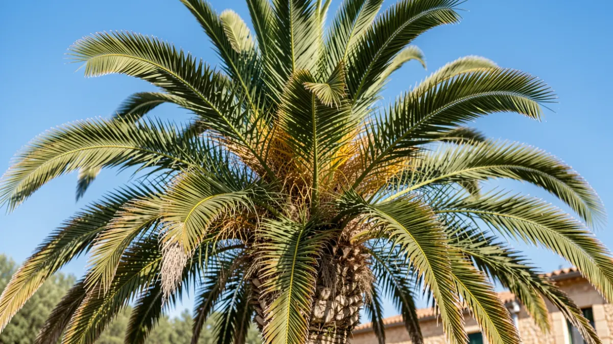 Detalle de la copa de una palmera con frondas podadas con cuidado, en un entorno mediterráneo.