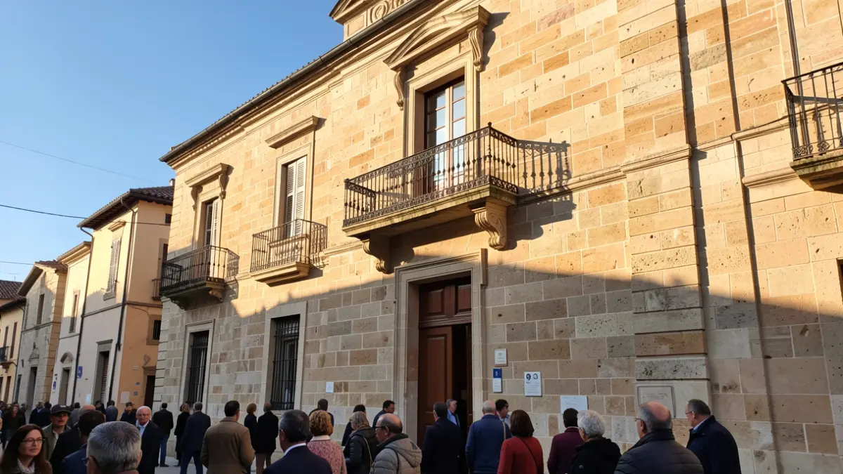 Generic image of a Mediterranean town hall facade with a balcony and iron railings, warm afternoon light.