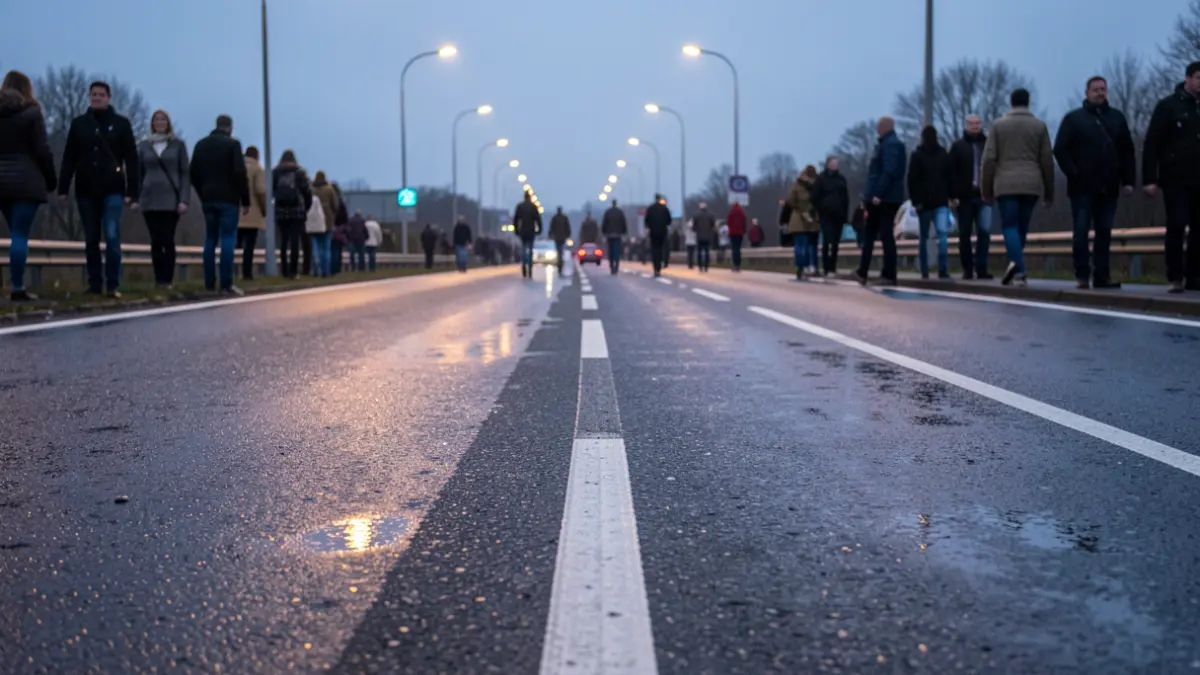 Imatge genèrica d'un tram d'autopista mullat per la pluja al capvespre.