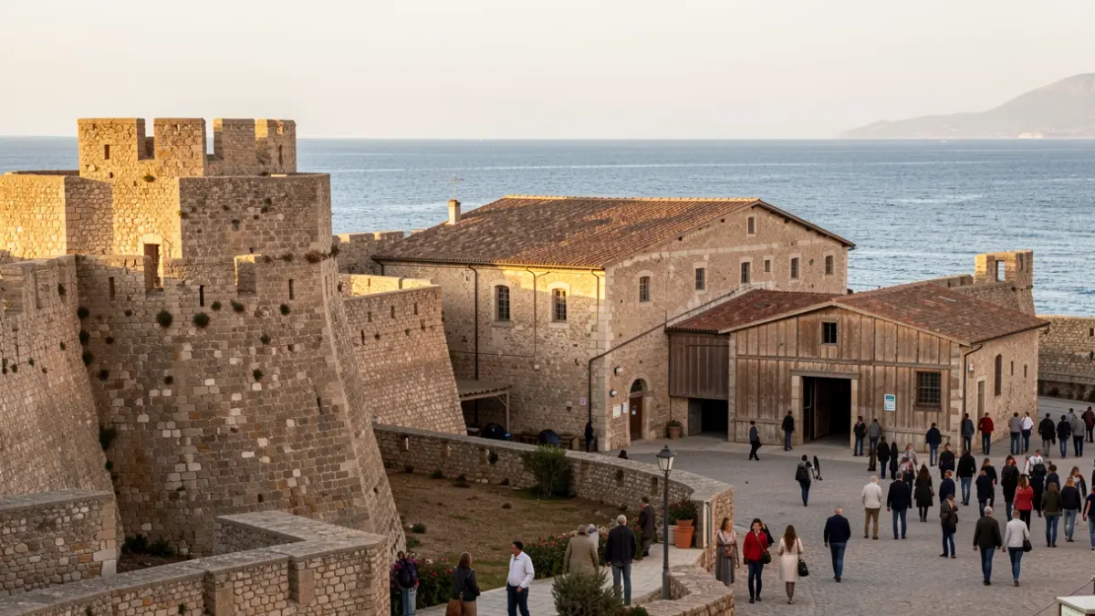 Image of the fortified complex of Grau Vell in Sagunt with the Mediterranean Sea in the background.
