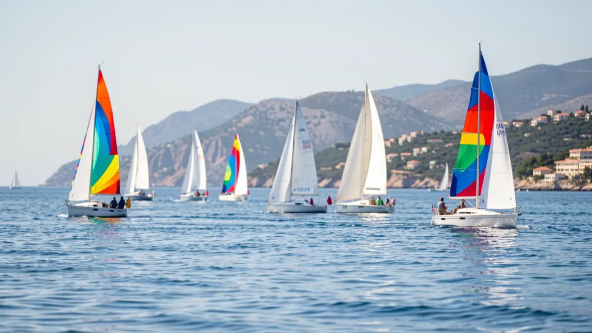 Imatge genèrica de regata de vela en un dia assolellat amb la costa al fons.