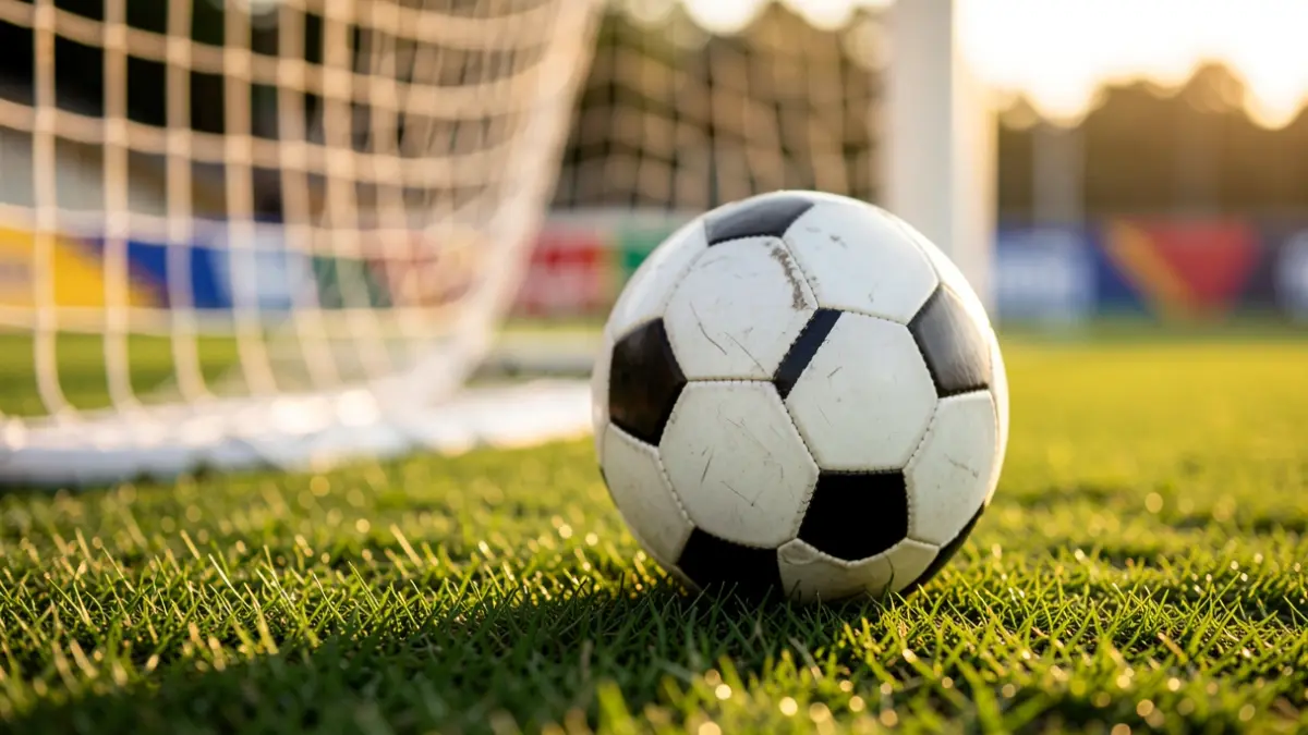 Generic image of a soccer ball on grass with the goal blurred in the background.