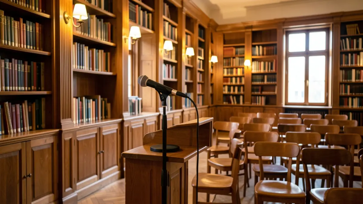Generic image of a cultural event hall with a microphone and bookshelves.