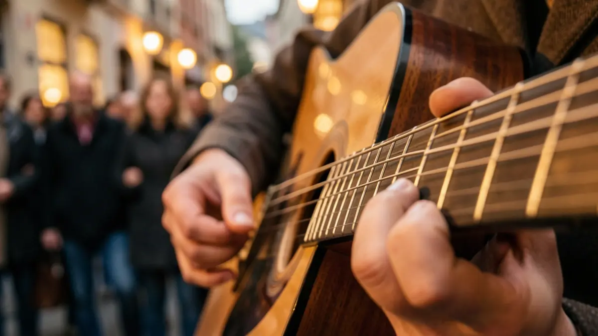 Generic image of a guitar with a hand playing a chord.