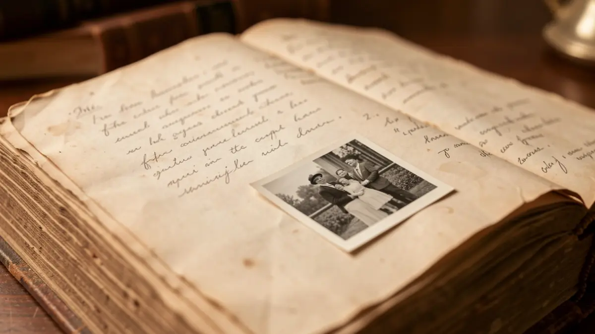 Generic image of an open old book with an old photograph, evoking memory and legacy.