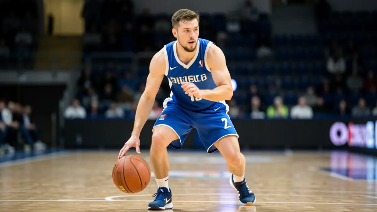 Generic basketball player in a blue and white uniform on a court.