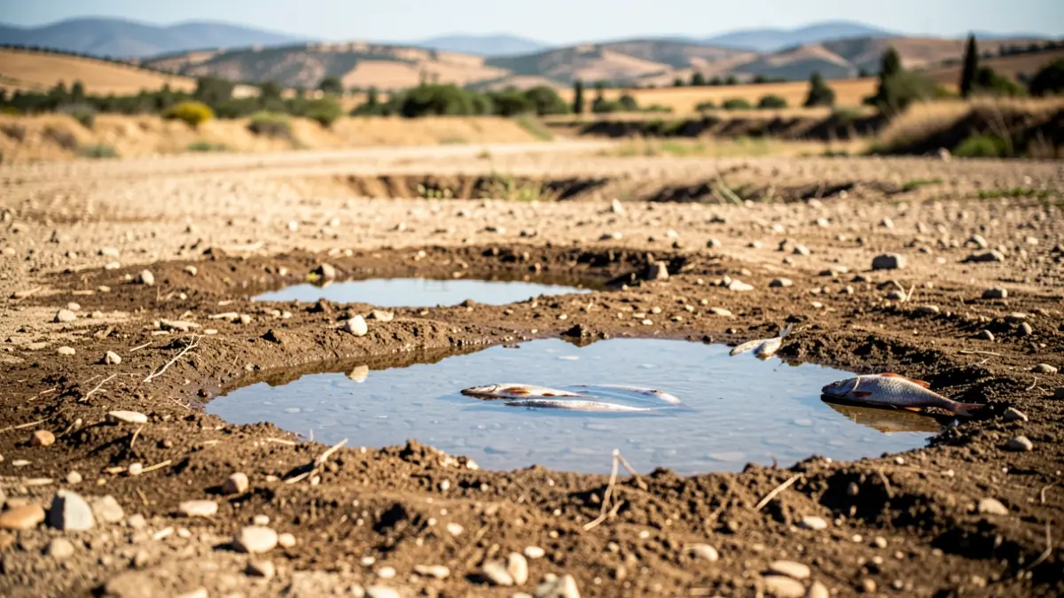 Imatge genèrica d'un riu sec amb tolls d'aigua estancada i peixos morts.