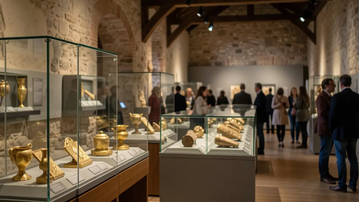 Exposició d'objectes arqueològics d'or en una sala del museu.