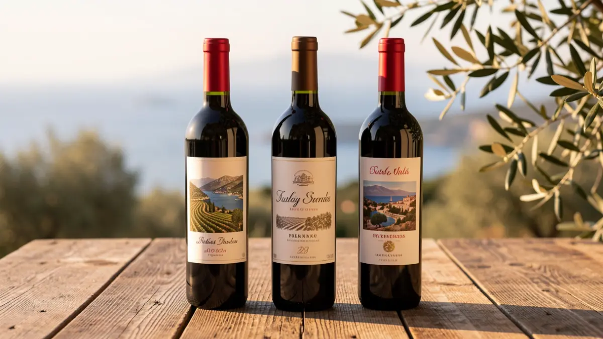 Selection of three premium red wine bottles with Mediterranean labels.