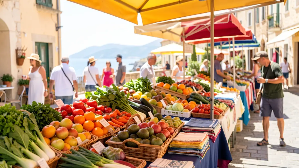 Generic image of a summer market with stalls of fresh produce and textiles.