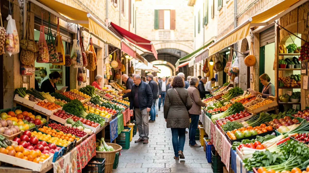 Imagen genérica de un mercado municipal mediterráneo con puestos llenos de productos.