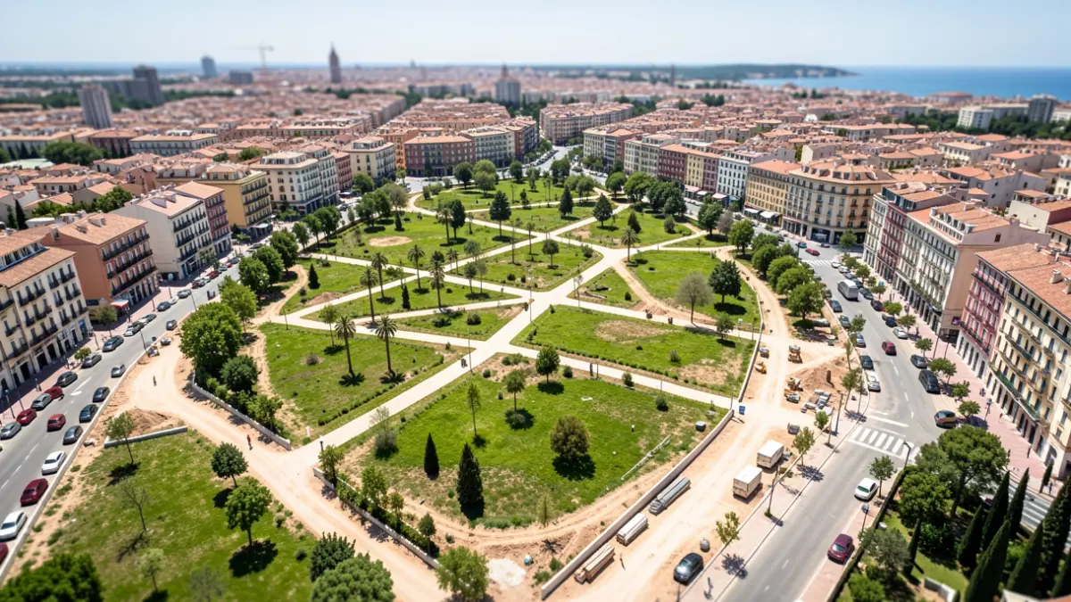 Generic image of a large urban park under construction in a Mediterranean city.
