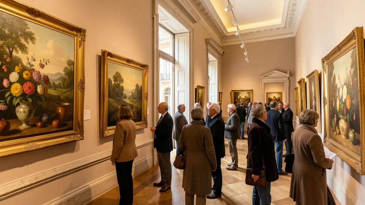 Generic image of an exhibition hall in the Museu de Belles Arts de València with paintings of landscapes and flowers.