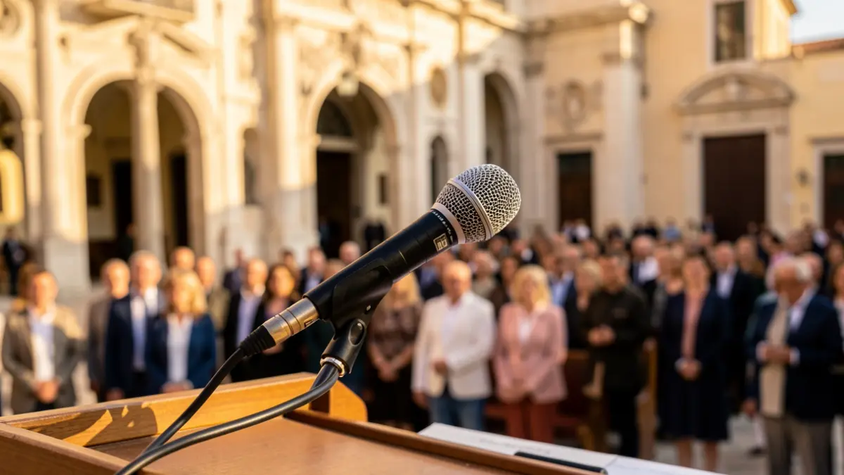 Imatge genèrica d'un micròfon en un faristol en un ajuntament mediterrani.