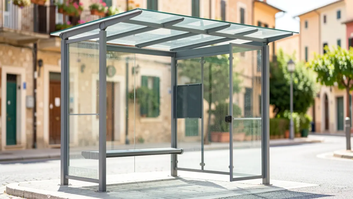 Imagen genérica de una marquesina de autobús moderna en un entorno urbano mediterráneo.