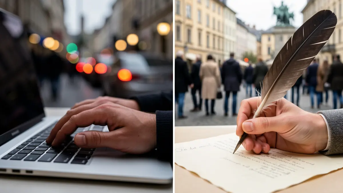 Imagen genérica que contrasta la comunicación digital moderna con la escritura tradicional.