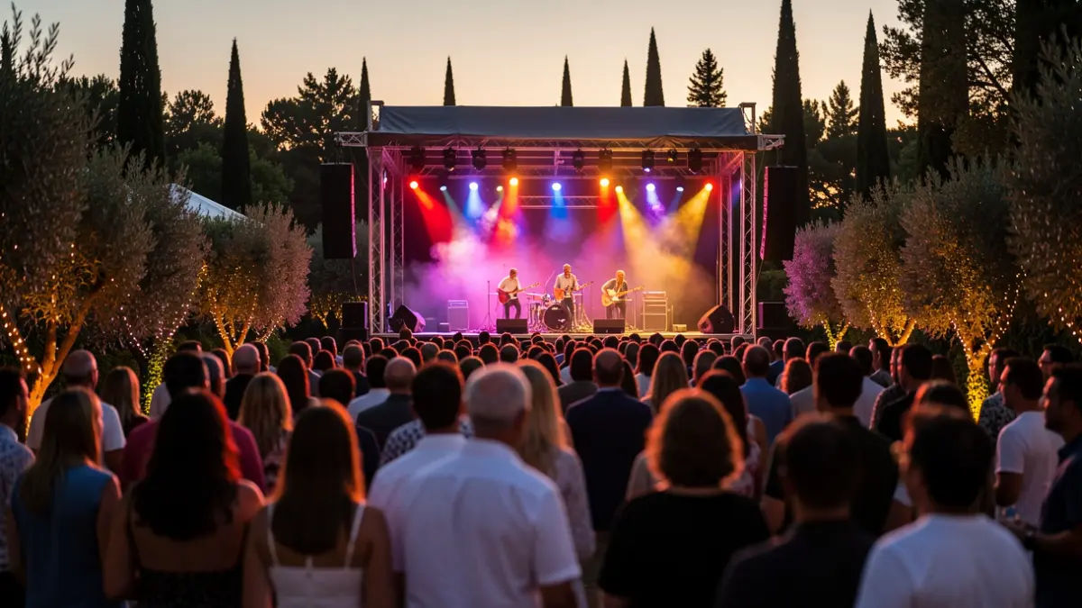 Imatge genèrica d'un festival de música a l'aire lliure en un jardí mediterrani al capvespre.