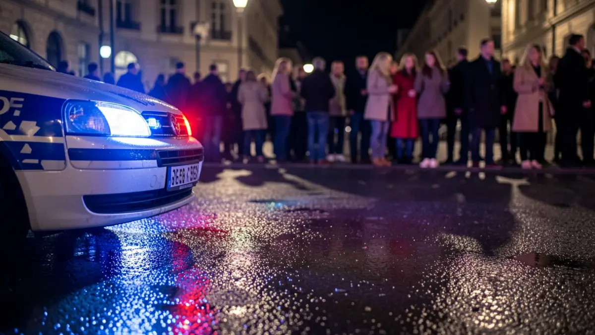 Imagen genérica de luces de emergencia policiales reflejándose en asfalto mojado de noche.