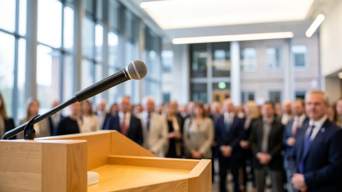 Generic image of a microphone on a podium in a municipal building.