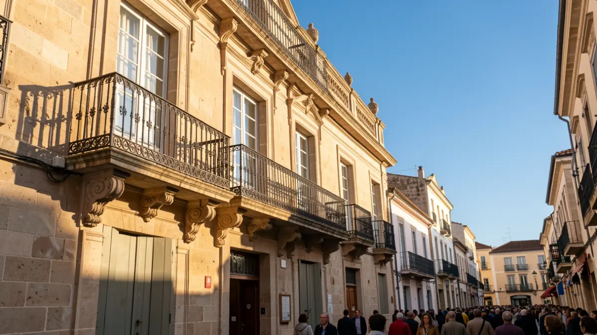 Generic image of a historic building with a balcony and iron railing, illuminated by afternoon sunlight.