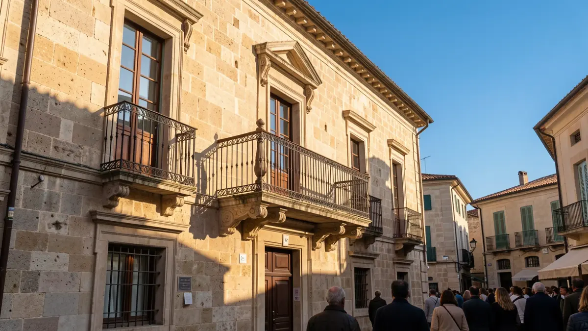 Imagen genérica de un ayuntamiento mediterráneo con balcón y barandillas de hierro, iluminado por el sol de la tarde.