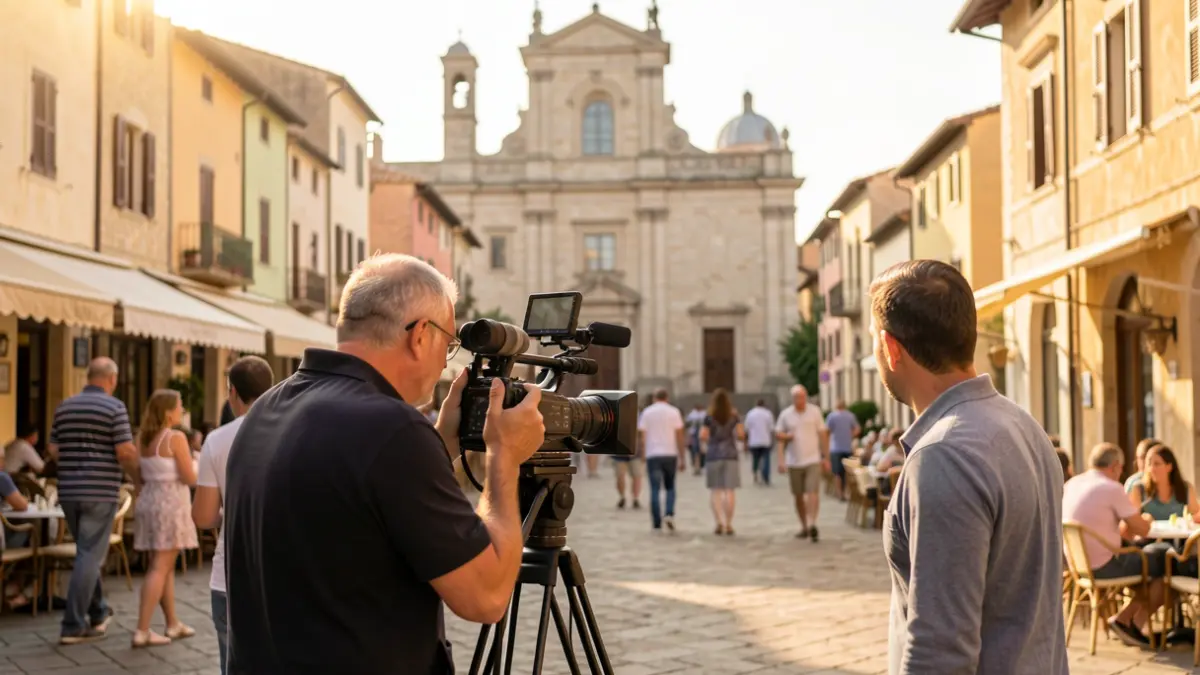 Imatge genèrica d'un equip de televisió gravant en una plaça pública d'una ciutat mediterrània.
