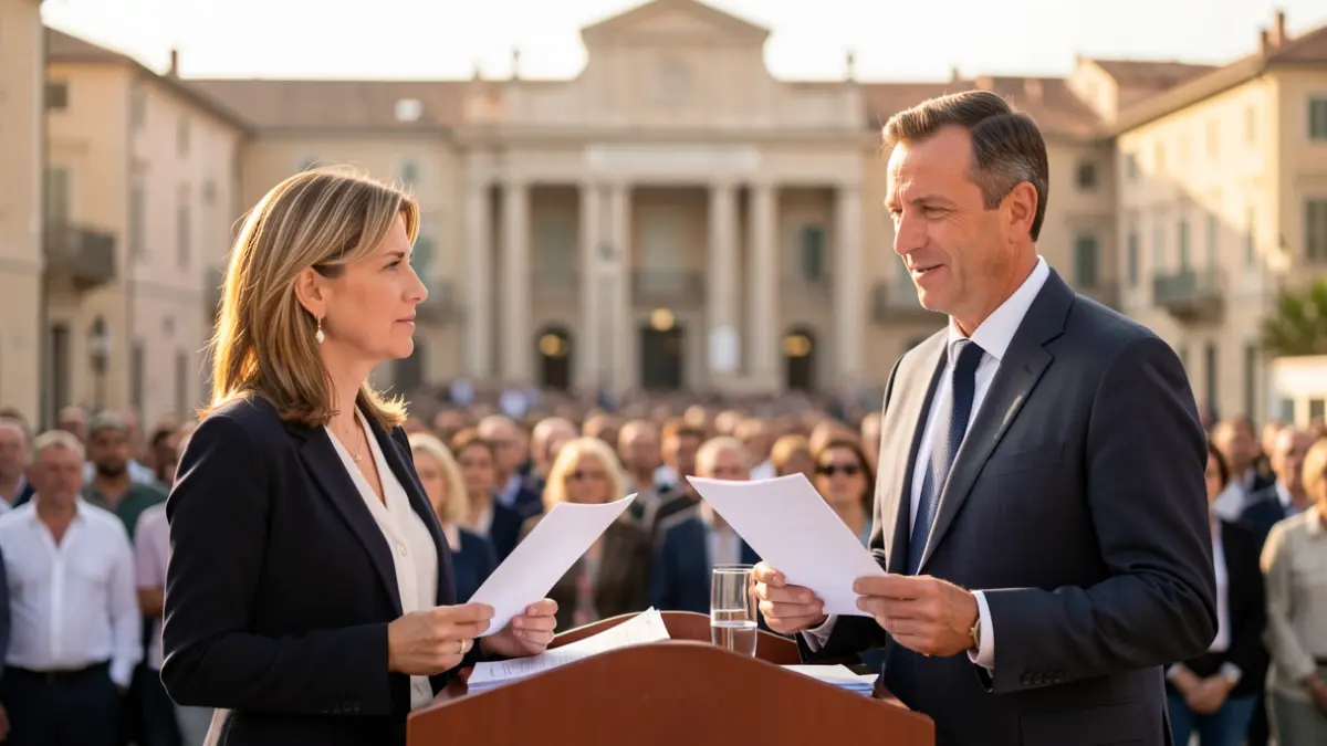 Imatge genèrica de dos polítics davant d'un ajuntament.